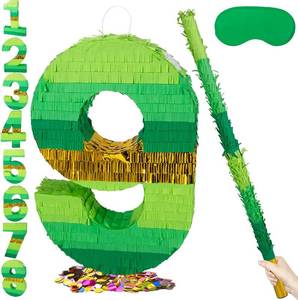 lot 401515 image: PCFING 20 Inch Number 9 Pi ata Green Gold with 30 Inch Pi ata Stick Blindfold Confetti for Boy Girl Adults Birthday Party Decorations, Anniversary Celebration, Fiesta