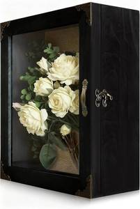 lot 401518 image: 11x13 Shadow Box Frame 5 Inch Deep Display Case, Rustic Burnt Wood, Acrylic Door with Hinged Design, Vintage Metal Handle and Latch, Linen Back