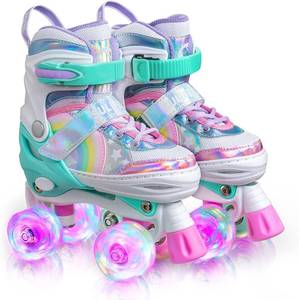 lot 401521 image: Rainbow Unicorn 4 Size Adjustable Roller Skates for Girls Boys for Kids Ages 3-5 5-8 6-12 Children Skates Indoor Outdoor
