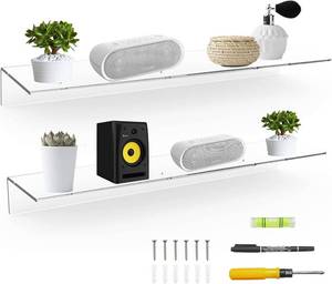 lot 401528 image: Sezanrpt 24 Inches Clear Floating Shelves for Wall, Acrylic Long Wall Shelf, Wall Mounted Shelves for Plants, Speaker, Radio, Funko Pop, Stuffed Animal, Books, Cosmetics, Toiletries, 2 Pack (24 Inch)