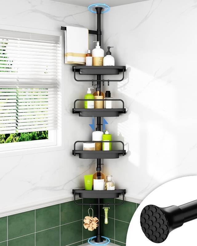 lot 131402 image: ALLZONE Corner Shower Caddy Tension Pole, Extendable Rustproof Stainless Steel Pole & 4-Tier Adjustable Shelves for Easy Drainage and Built-to-Last Stability, 34 to 116 Inch, Black