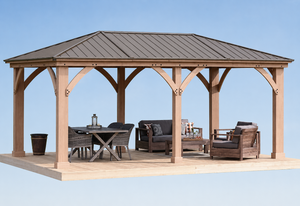 lot 311504 image: Retails for $10,000 12 x 20 Wood Gazebo with Aluminum Roof (Costco)
