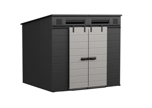 lot 211523 image: Retails for $1150 Suncast Modernist 8x7 Dual Barn Door Storage Shed