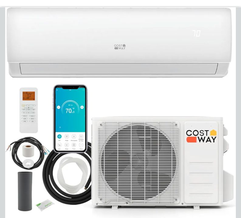 lot 4821 image: COSTWAY 17000 BTU Mini Split Air Conditioner 208230V 17 SEER2 Wifi Enabled Inverter AC &amp Heater Pump System Cools Up to 1250 Sq. Ft, with Alexa, Installation Kit.&nbsp OUTDOOR UNIT AND INSTALLATION KIT ONLY. - Retail $358