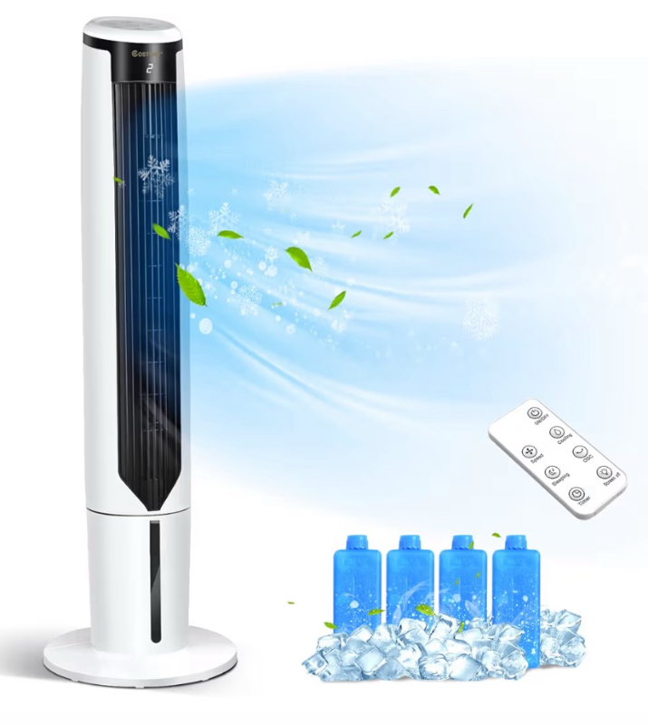 lot 4826 image: COSTWAY Evaporative Air Cooler, 41-inch Portable Oscillating Air Cooler with Remote, 3 Modes, 3 Speeds, LED Display, 9H Timer Auto-off, Quiet Standing Bladeless Tower Fan for Bedroom Home Office - Retail $92