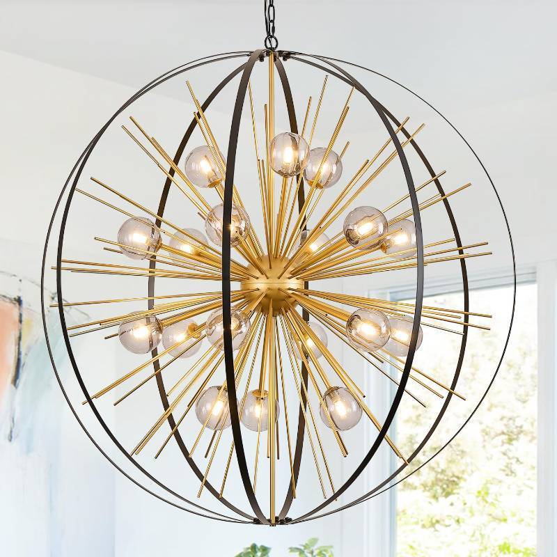 lot 4830 image: Poemoon 43.2 Extra Large Modern Black Gold Sputnik Chandelier Mid Century 18 Lights Tall Ceiling Firework Globe Pendant Light with Smoke Class Lampshades for Foyer Staircase Entryway Living Room - Retail $490