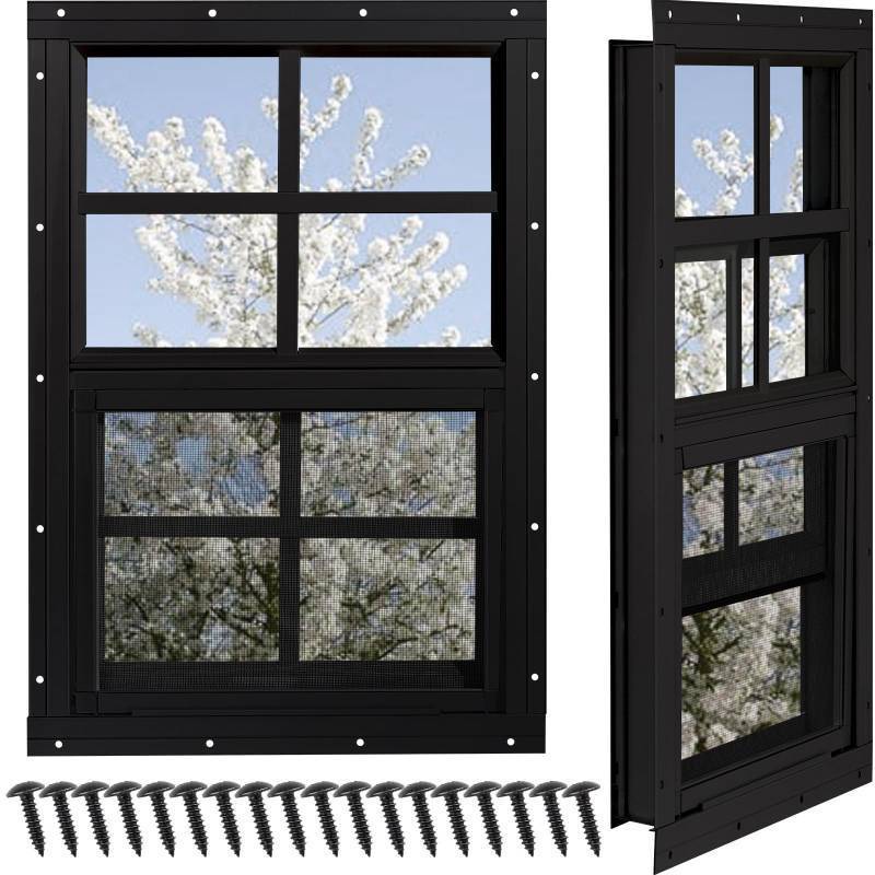lot 4833 image: NOTASA Shed Windows 2 Pack, Chicken Coop Windows 24 x 36 with Tempered Glass and Fiberglass Screen, Flush Mounted Small Window for Shed, Barns, Playhouse, Household, Garage (Black) - Retail $130
