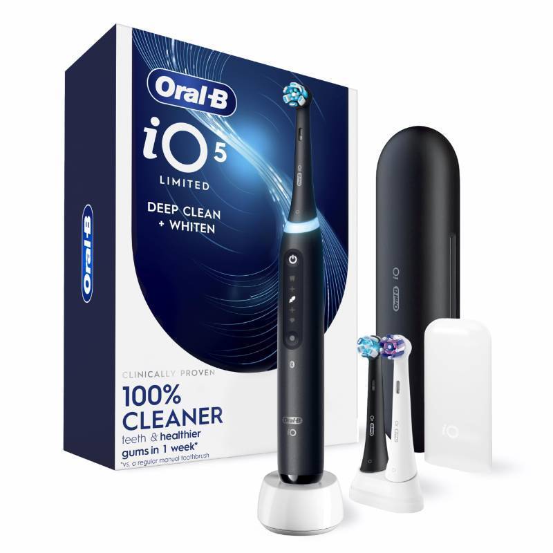 lot 2737 image: Oral-B Rechargeable Electric Toothbrush, iO5 Limited Deep Clean & Whiten, 5 Cleaning Modes, Visual Pressure Sensor to Protect Gums, Travel Case, 3 Brush Heads, Black - Retail $150