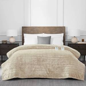 lot 4802 image: Brookstone FullQueen Heated Micro Herringbone Blanket Taupe - Retail $80