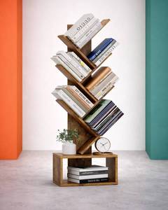 lot 4810 image: 6 Tier Tree Book Shelf - Small Bookshelf Decor, Corner Bookshelf, Living Room Storage, Tall Narrow DVD & CD Shelf Storage Bookshelves, Comic Bookcases Standing for Bedroom or Office, Rustic Brown - Retail $20