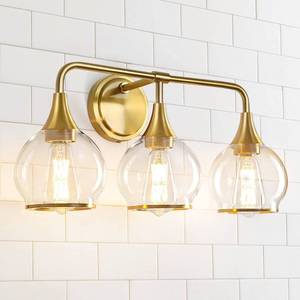 lot 4842 image: HAHZT Gold Bathroom Vanity Light 3-Lights Bathroom Light Fixtures Over Mirror with Clear Glass Shade 22.4 inch Wall Sconce Lighting Bath(Exclude E26 Bulb) - Retail $90