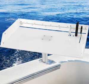lot 4871 image: Marine Boat Cutting Board with Rod Holder, 20 Bait TableFillet Station, Knife Slot, Plier Storage, Fish Scale, UV Stabilized PP, Retail $80