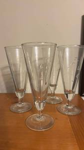 lot 6957 image: Set of 4 Etched Glass Footed Beverage Glasses with Curved Design
