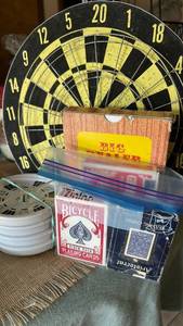 lot 7008 image: Game Lot Dartboard Playing Cards Dominoes