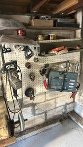 lot 7018 image: Lot of Tools and Hardware on Pegboard Shelving Unit pegboard NOT included