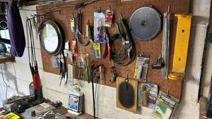 lot 7019 image: Pegboard Tool Lot Hand Tools Pliers Clamps Saw Blade Hardware - pegboard NOT included