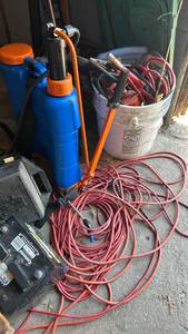 lot 7064 image: Mixed Lot Pump Sprayer, Extension Cord, Jumper Cables, Battery, Electrical Items