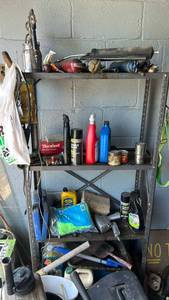 lot 7065 image: Metal Storage Shelving Unit with Automotive Tools and Supplies Lot