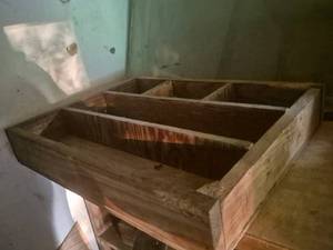 lot 8007 image: Wooden Compartment Box with Dividers and misc saws