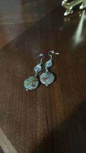 lot 60082 image: Pair of Drop Earrings with Spiral Beads and Patina Disc Charms
