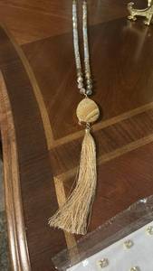lot 60097 image: Beaded Pendant Necklace with Tassel Drop and Stone Centerpiece