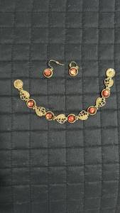 lot 60098 image: Gold Tone Bracelet and Earring Set with Red Stones