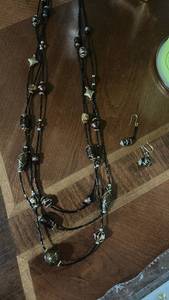 lot 60099 image: Black Beaded Necklace and Earring Set with Metal Accents