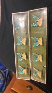 lot 60137 image: Pair of Framed Butterfly Display Panels with Turquoise and Gold Specimens