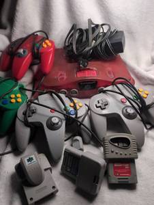 lot 2002 image: Nintendo 64 Red Console Bundle 4 Controllers Rumble Pak Memory Card
