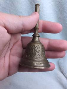 lot 3503 image: Small Brass Bell with Handle and Engraved Detail