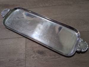 lot 3622 image: Decorative Metal Tray with Shell Handle 16 inches Long