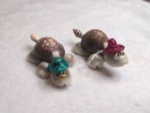 lot 3702 image: Handmade Turtle Shell Ornaments Pair with Fabric Bows - 2 ct