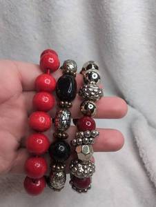 lot 4004 image: Beaded Bracelets Red Black Silver Tone Spacer Beads - 3 ct