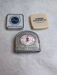lot 5015 image: 3 Vintage Pocket Tape Measures and Promotional Boxes ASQC Wichita Farmers Elevator