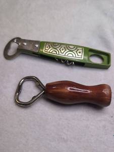 lot 5501 image: 2 Vintage Bottle Openers Corkscrew Green Handle  Wood Handle