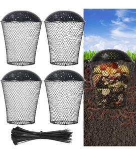 lot 6273 image: 4 Pack Large Inground Worm Composter with Grid Lids, Metal Worm Farm Compost Bin Outdoor for Recycling Kitchen Food, Worm Compost Bin for Garden, Vegetable Patch, Backyard, Greenhouse