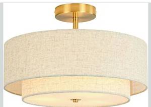 lot 6282 image: 16 Semi Flush Mount Ceiling Light, 3-Light Gold Drum Ceiling Light Fixture with 2-Tier Fabric Linen Shade, Farmhouse Chandelier for Dining Room, Living Room, Bedroom, Kitchen, Hallway, Entryway