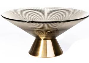 lot 6283 image: Tapered Glass Decorative Bowl(Coffee Brown) ,9.8 Inches Handblown Striped Design Glass Bowl with Rust Resistant Metal Base,Decor Fruit Bowl for Home Decor,Table Centerpiece,Kitchen Island,Dining Decor