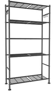 lot 6316 image: Storage Shelves - 5-Tier Large Capacity Shelf Organizer with Hooks, Heavy-Duty Garage Shelving with Leveling Feet, Wobble-Free Rack for Bedroom, Balcony, Garage, 32.1x12.4x71.4, Black
