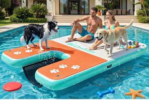 lot 6320 image: 8x5ft Extra Large Inflatable Dog Dock & Boat Ramp for Multiple Large Dogs, 600 LBS Load Capacity, with Anti-Slip EVA Foam & Built-in Ice Bucket Compartment, Dog Water Ramp for Pool Boat Beach Orange