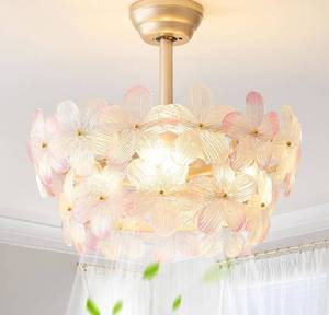 lot 6323 image: Gold Crystal Fandelier Ceiling Fans with Lights, 20 Gold Flower Chandelier Ceiling Fan with Light Remote Control, Caged Mid Century with 6 Speeds for Bedroom, Nursery, Living Room (Pink)