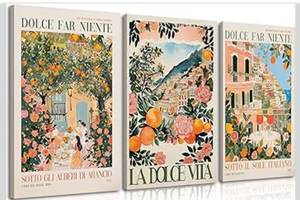 lot 6324 image: SETRIS 3Pcs Dolce Far Niente Italy Amalfi Coast Canvas Wall Art, Vintage Italian La Dolce Vita Travel Landscape Poster Print, Orange Floral Wall Decor Artwork for Living Room Bedroom Home Wall Decoration