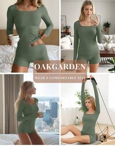 lot 6341 image: Womens Long Sleeve Yoga Set Square Neck Slim Fit Tops Elastic Soft Thumb Hole Shirt High Waist Shorts with Pockets Blue Large
