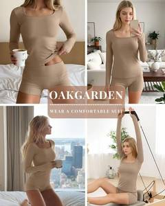 lot 6342 image: Oakgarden Womens Long Sleeve Yoga Set Square Neck Slim Fit Tops Elastic Soft Thumb Hole Shirt High Waist Shorts with Pockets X-Large