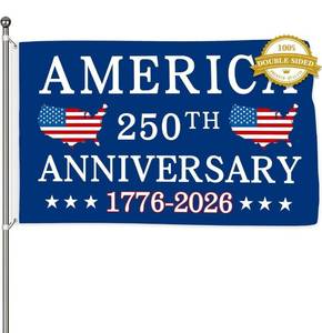 lot 6399 image: 250 Anniversary Flag 3x5 Ft Double Sided 3 Ply US 250th Anniversary 1776-2026 American Map Patriotic Signs Party Supplies Hanging Decor for Room Welcome Backdrop with Brass Grommets