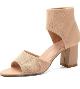 lot 6407 image: NEWBELLA Womens Knit Ankle Strap Sandals - Open Toe Block Heel Pumps, Breathable Comfortable Summer Heels for Casual Outings Black 8.5