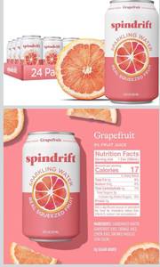 lot 6430 image: Spindrift Sparkling Water, Grapefruit Flavored, Made with Real Squeezed Fruit, (Only 15 Calories per Can), 12 Fl Oz (Pack of 24) 926