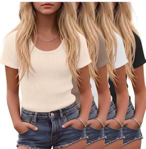 lot 6453 image: 4 Pack Girls T-Shirts Short Sleeve Ribbed Knit Tops Soft Slim Fit Scoop Neck Summer Athletic Basic Tees 7-8 Years