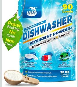 lot 6470 image: Dishwasher Detergent Powder  Booster, 90 Loads  Plastic-Free, Eco-Friendly Dishwasher Soap Pods Alternative, Concentrated Plant-Based Enzymes Cuts Grease &amp Grime, No Water Spots (Fragrance-Free)