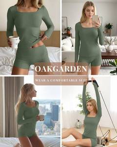 lot 6502 image: Womens Long Sleeve Yoga Set Square Neck Slim Fit Tops Elastic Soft Thumb Hole Shirt High Waist Shorts with Pockets Medium